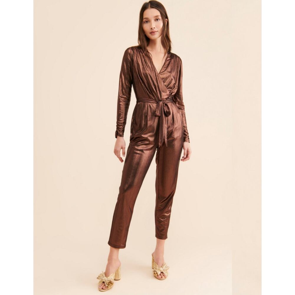 Adelyn Rae Bronze Metallic Women's V-Neck Jumpsuit with Pockets Size S